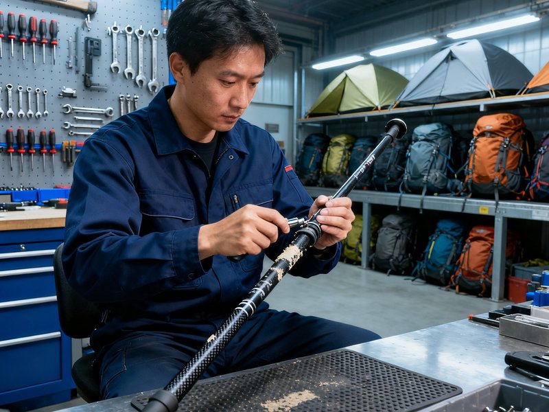 一位身穿工作服的装备技术员正在工作台前仔细检修一根登山杖，背景是工具墙和待检区的各类户外装备，体现了专业严谨的装备维护流程